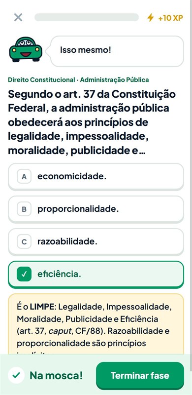 Fase do jogo de concursos: questão de Direito Constitucional com a resposta certa e a explicação